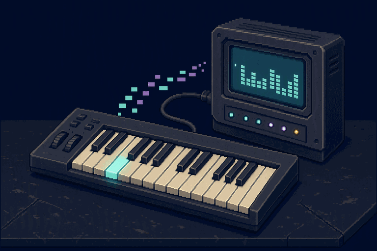 Pixel-art MIDI keyboard sending note blocks through a cable to a five-light diagnostic terminal